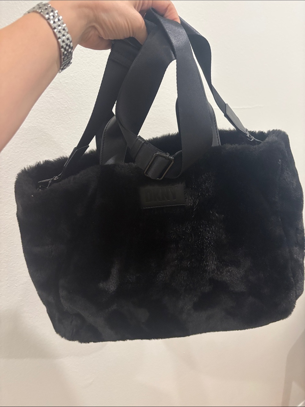 DKNY Black Faux Fur Tote with Satin Straps